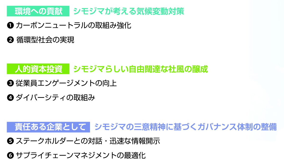 シモジマが取組む6つのマテリアリティ（重要課題）